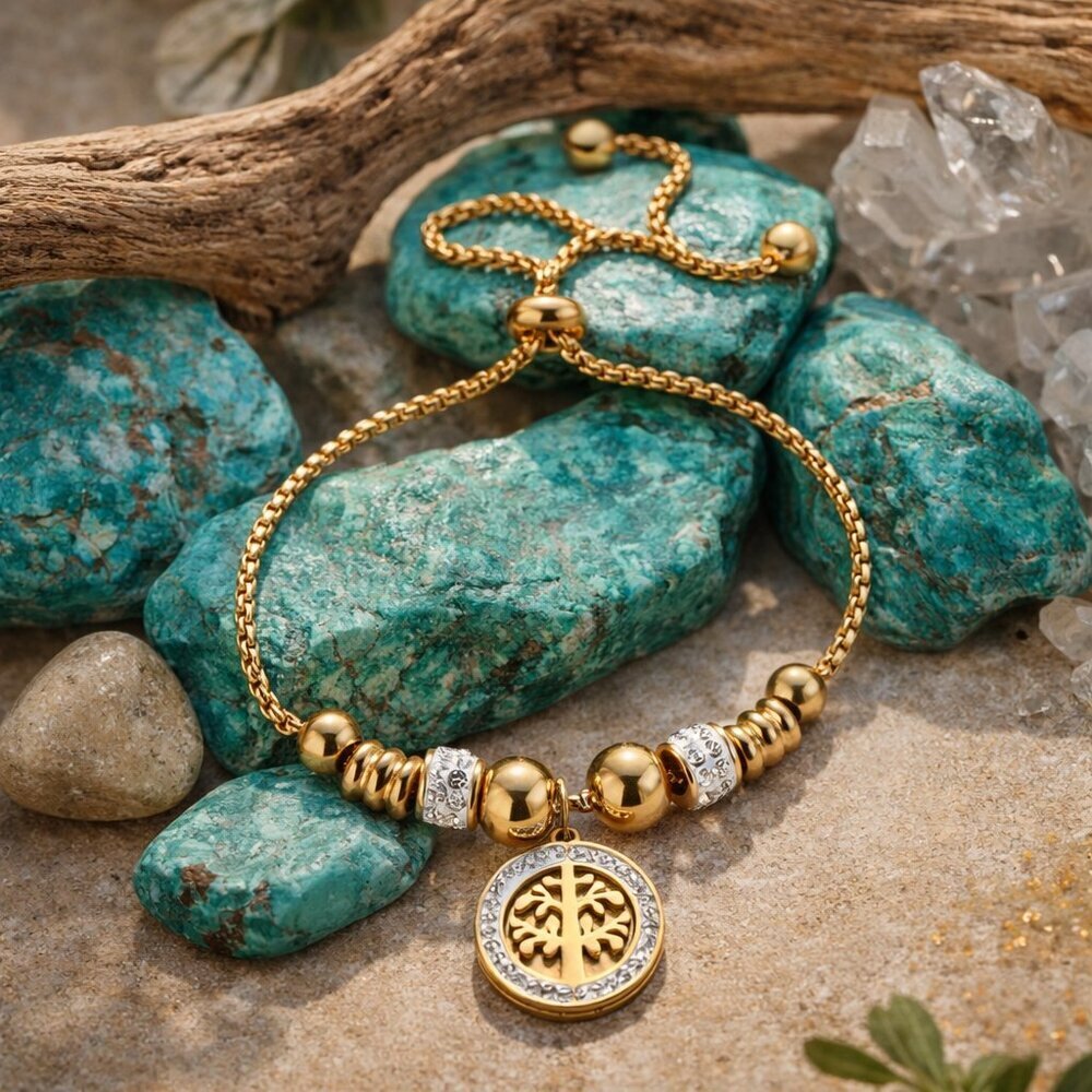 18K Gold Plated Stainless Steel Tree Of Life Cubic Zirconia Talisman Bolo Slider